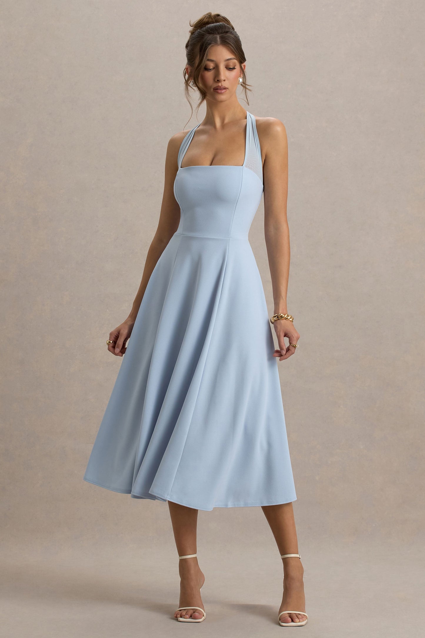 Auburn | Powder Blue Halter Skater Midi Dress
