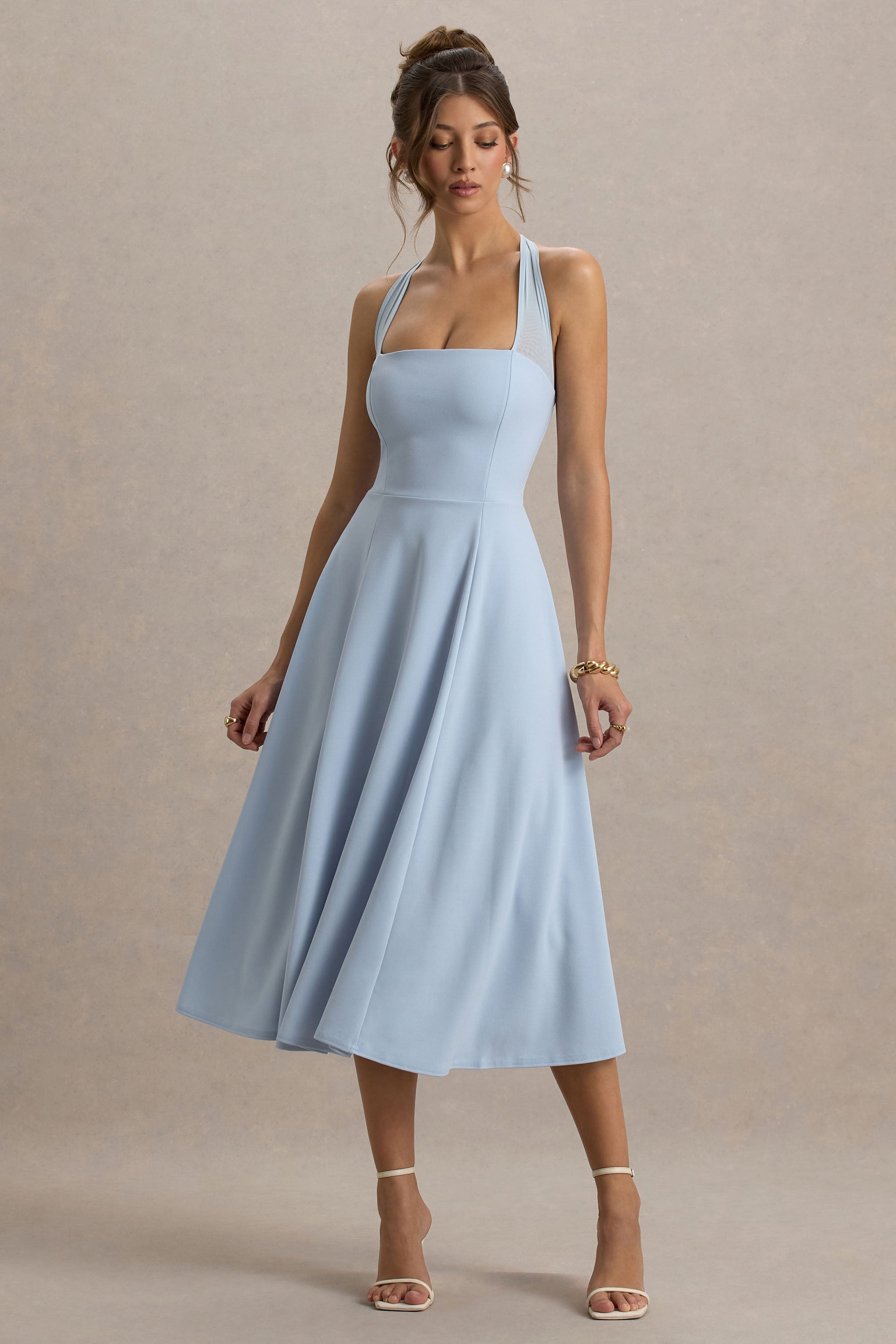 Auburn | Powder Blue Halter Skater Midi Dress