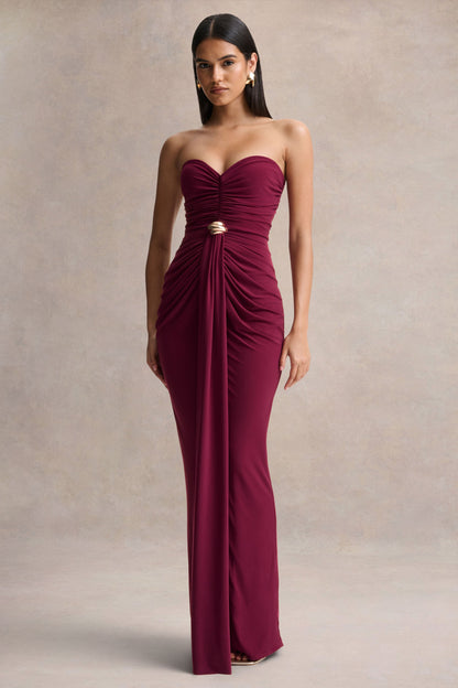Beverly | Burgundy Bandeau Maxi Dress With Gathered-Detailing