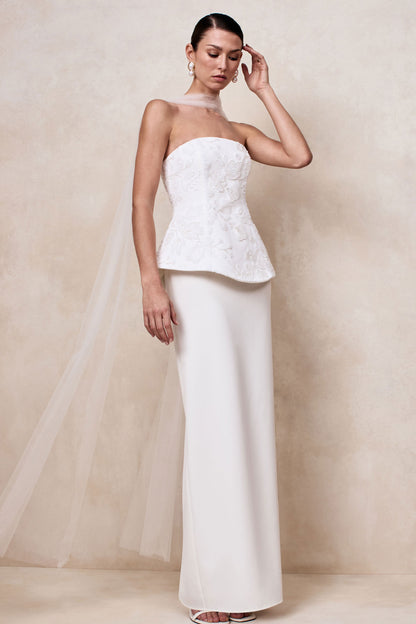 Naira | White Satin Bandeau Corset Maxi Dress With Sheer Scarf
