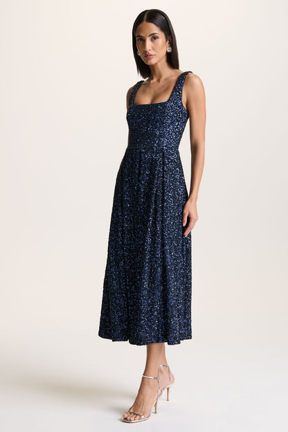 Lima | Navy Sequin Square-Neck A- Midi Dress