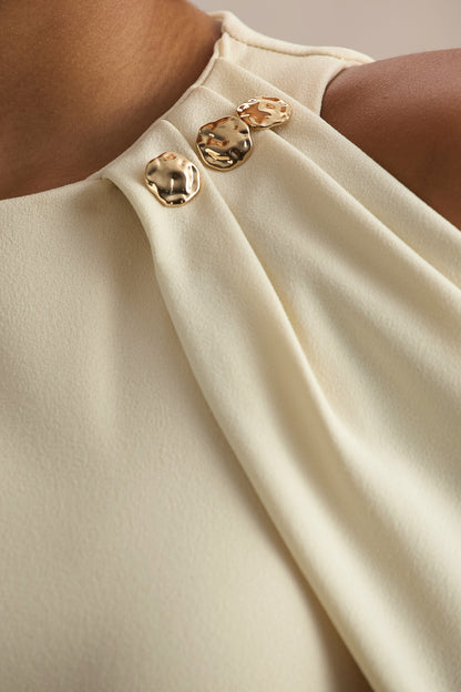Yulia | Sand High-Neck Maxi Dress With Cape Sleeves