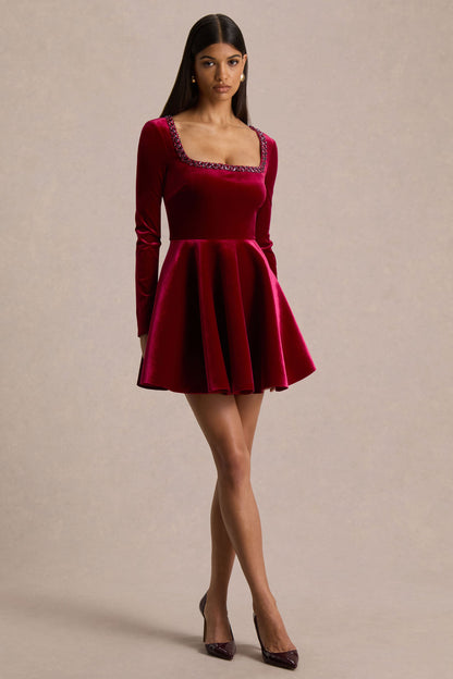 Beloved | Red Velvet Hand-Embellished Square-Neck Mini Dress