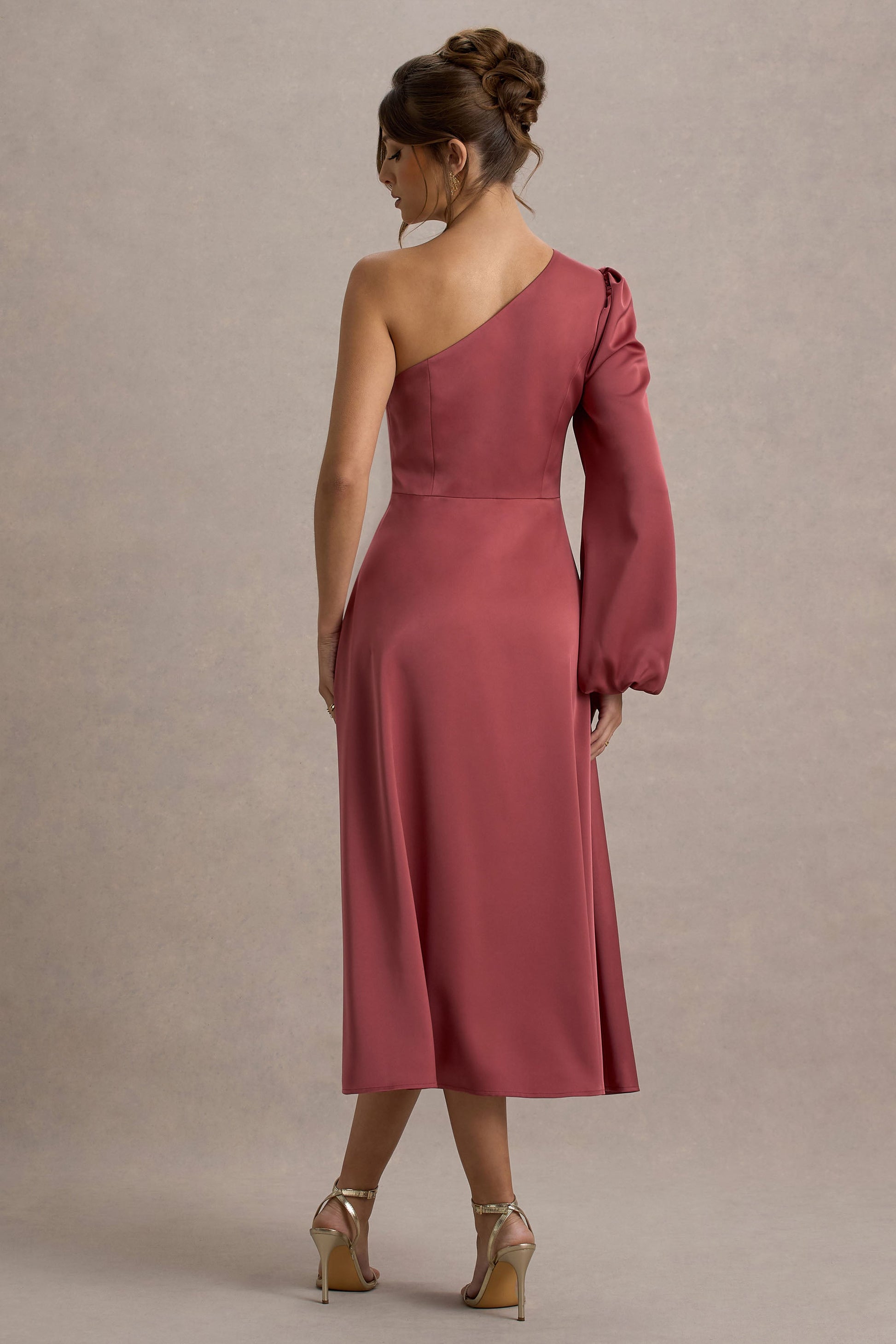 Haila | Rose Pink Satin One-Shoulder Midi Dress