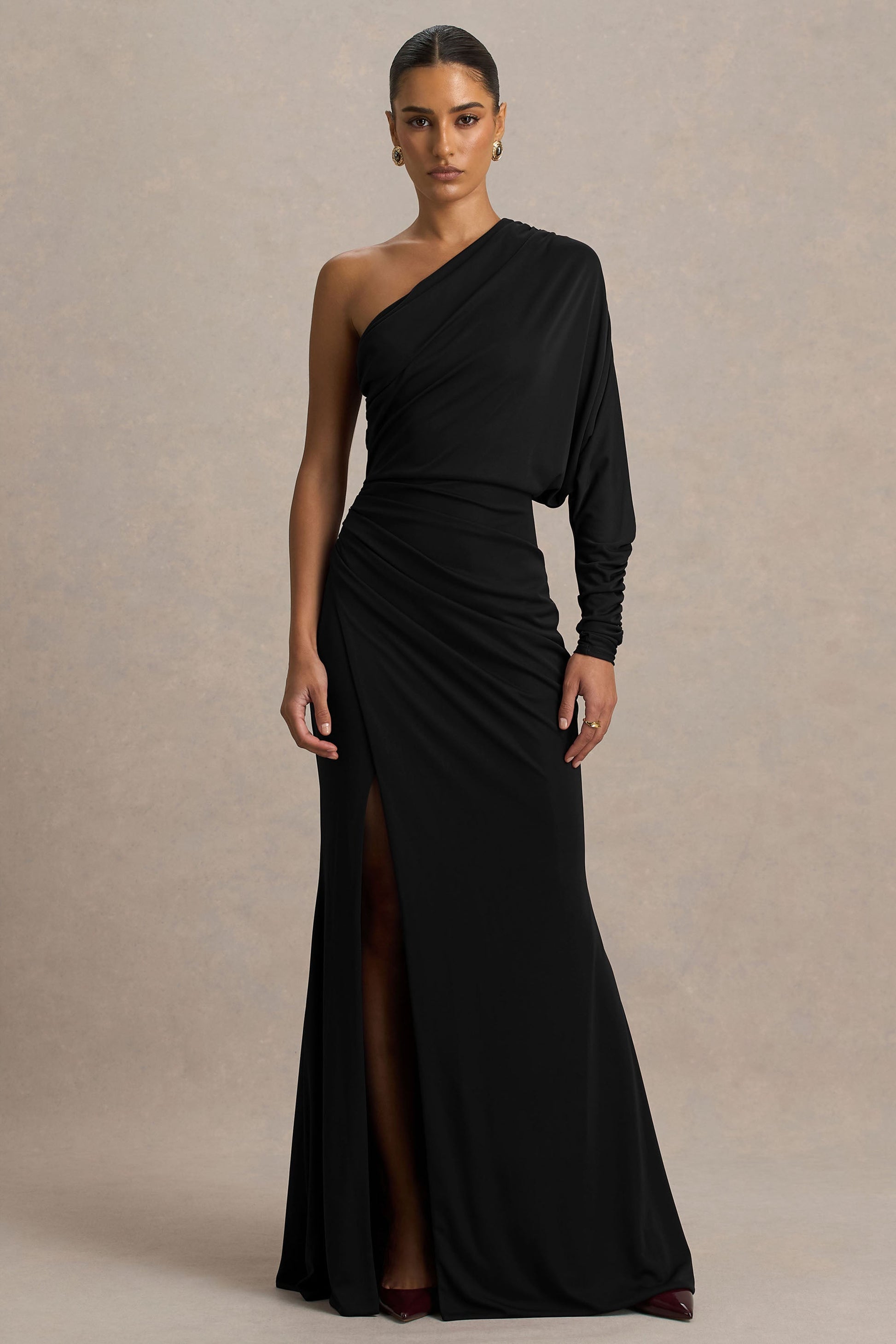 Lola | Black Asymmetric-Neck Maxi Dress With Ruched Detailing And Front High-Split