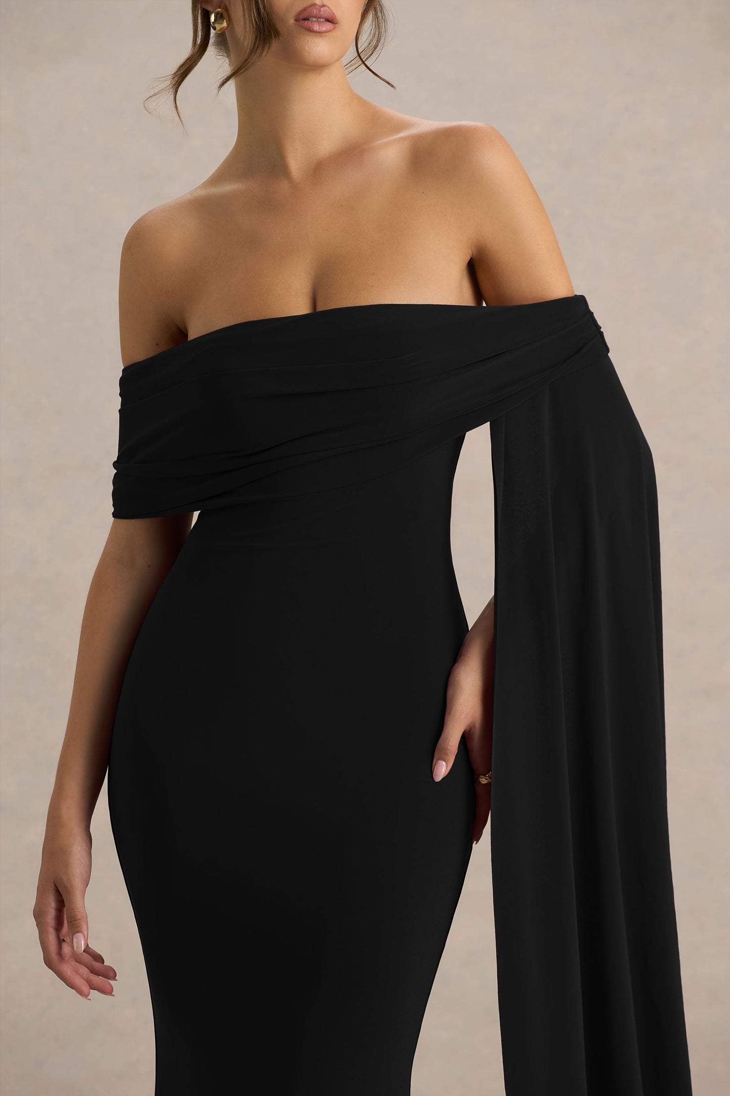Saffina | Black Bardot-Neck Maxi Dress With Sash Detail