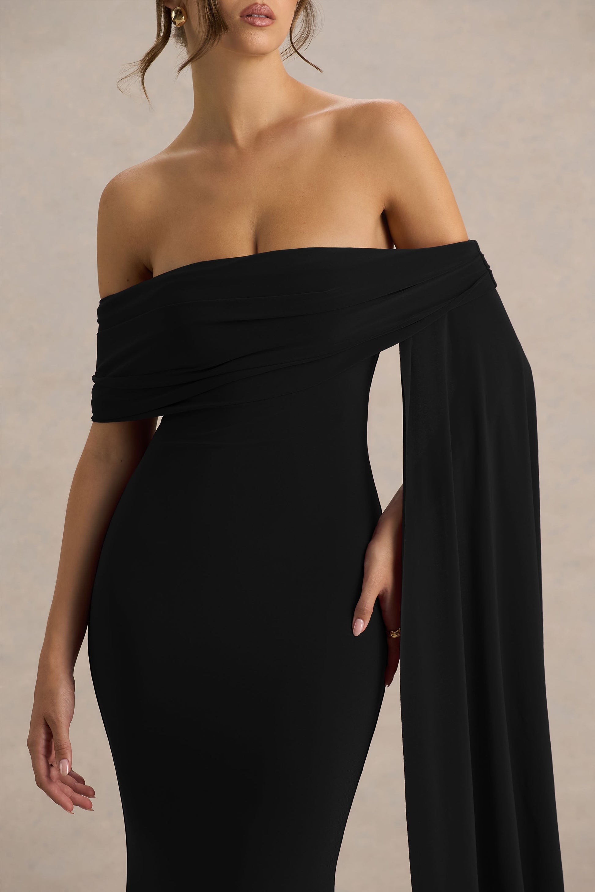 Saffina | Black Bardot-Neck Maxi Dress With Sash Detail