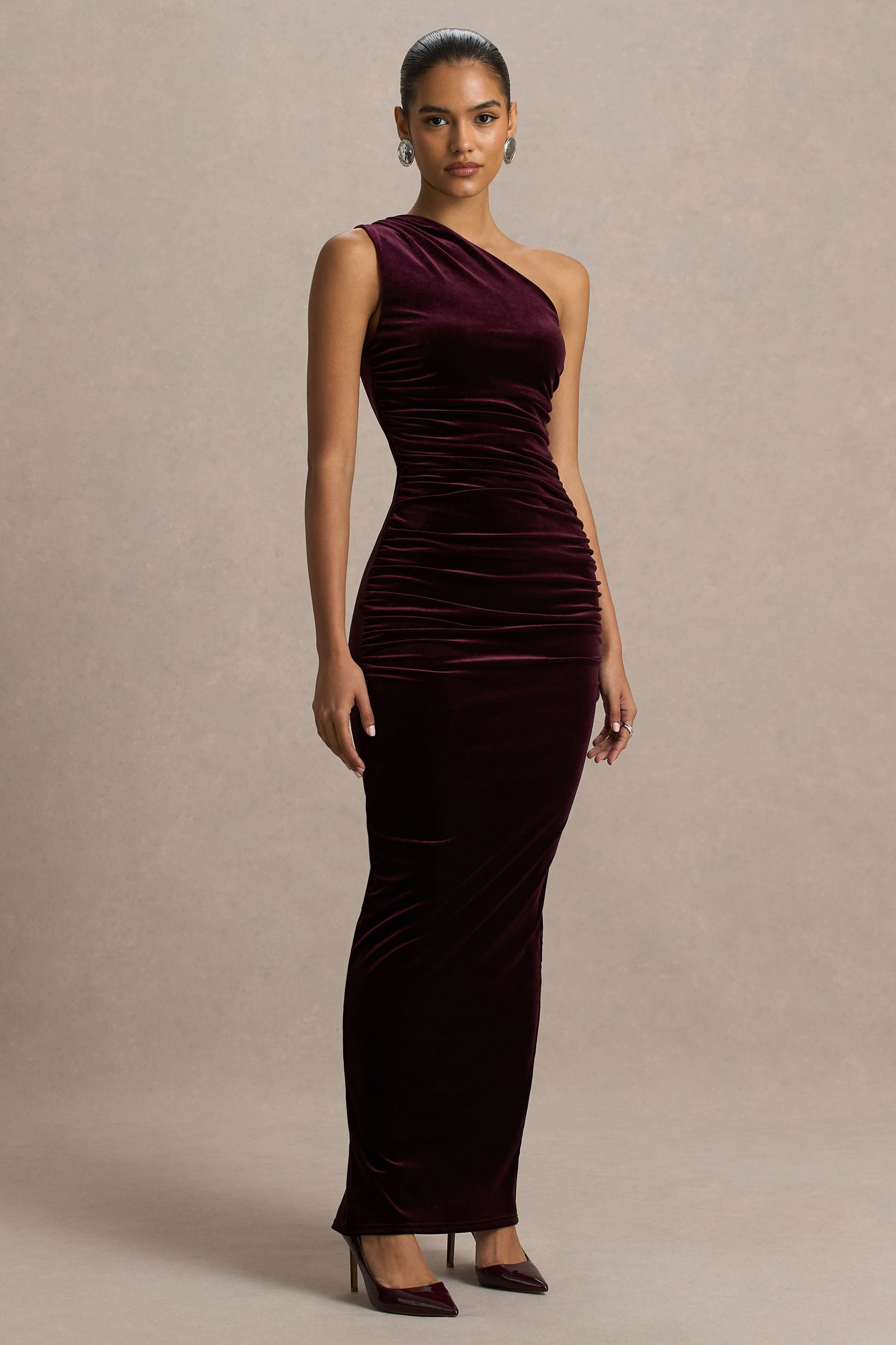 Treat | Burgundy Velvet Asymmetric-Neck Maxi Dress With Ruched Detailing