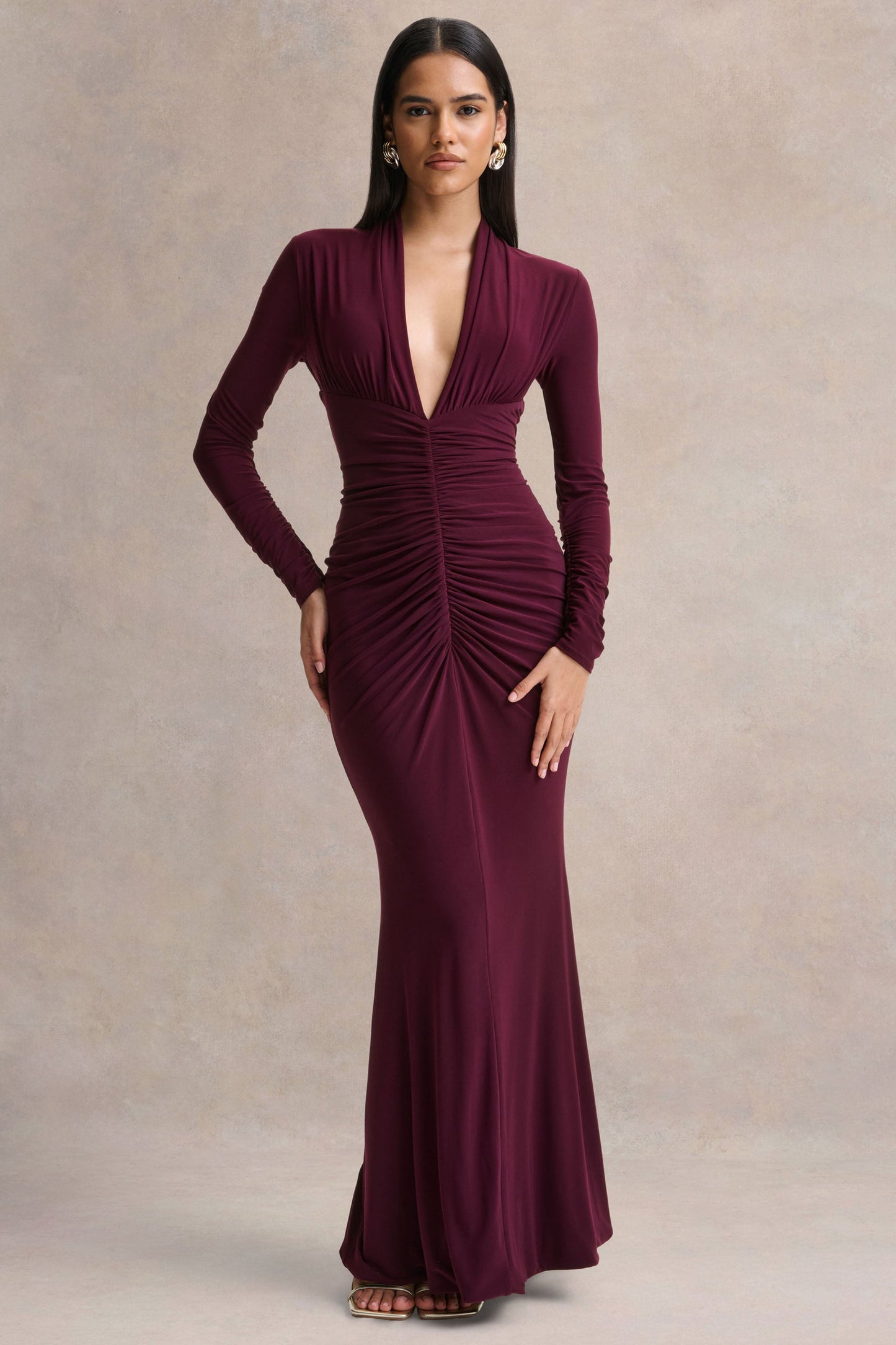 Tami | Plum Plunge-Neck Long Sleeve Maxi Dress