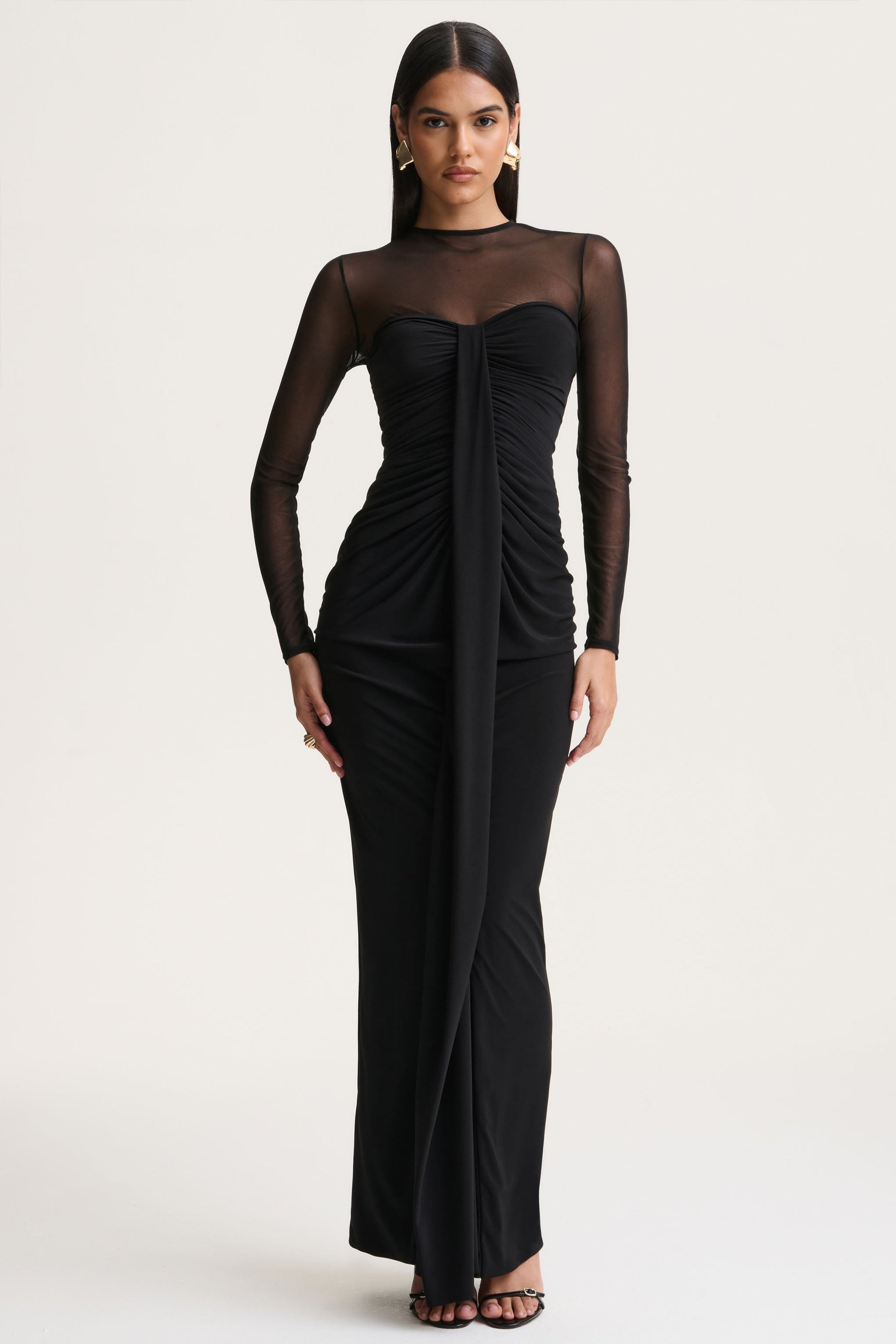 Cadenza | Black Crew-Neck Maxi Dress With Mesh And Gathered-Detailing