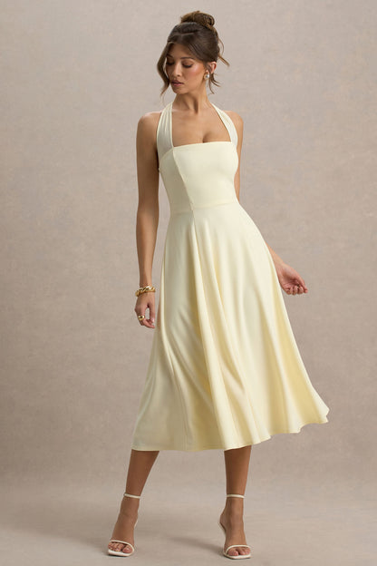Auburn | Pale Lemon Halter Skater Midi Dress