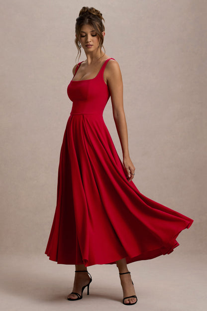 Parina | Red Strappy Volume-Hem Midi Dress