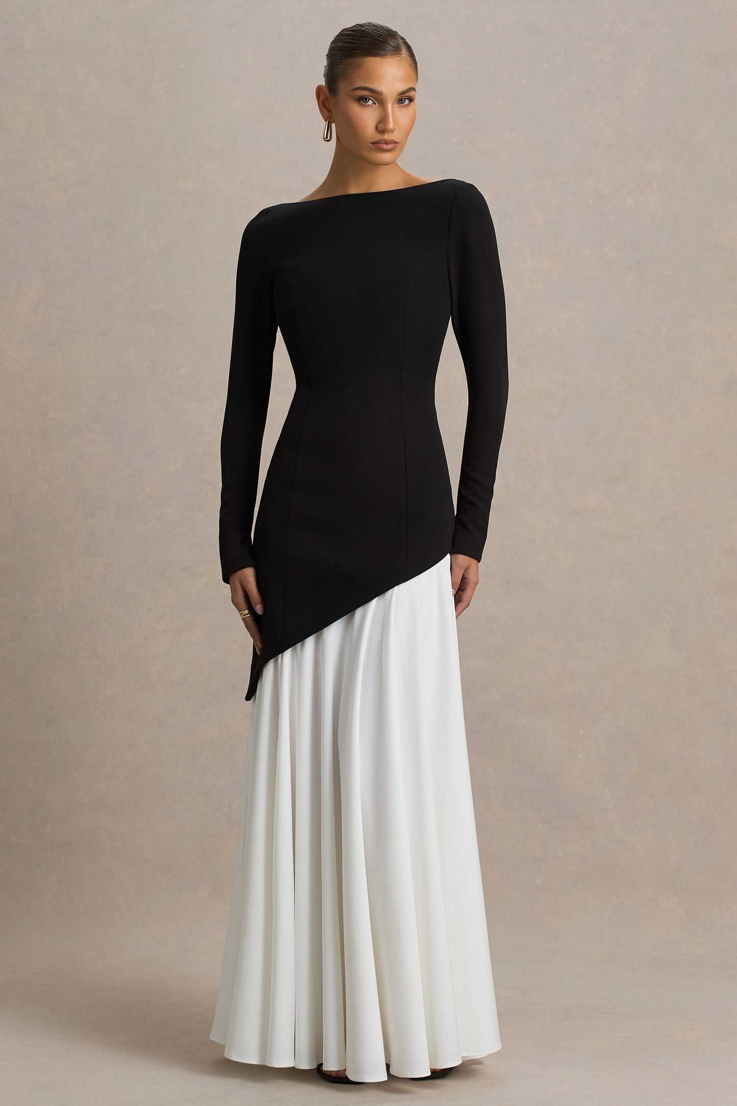 Caty | Black And White Long-Sleeved Maxi Dress With Asymmetric Drop-Waist