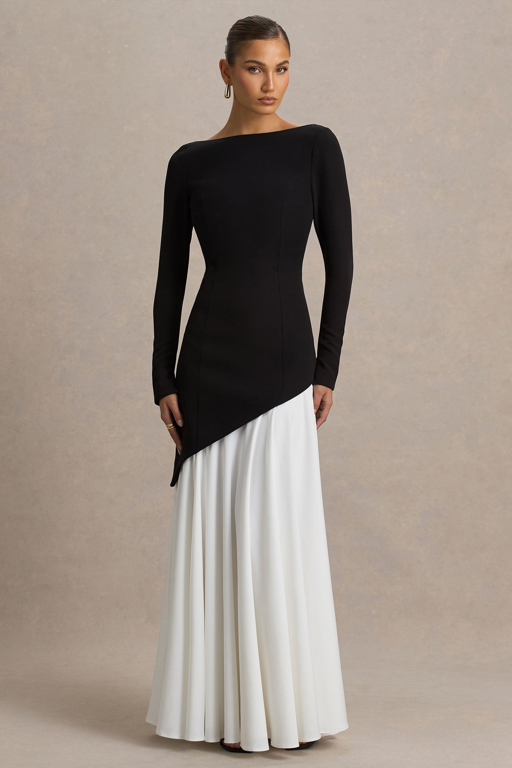 Caty | Black And White Long-Sleeved Maxi Dress With Asymmetric Drop-Waist