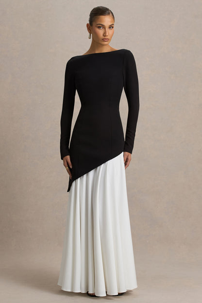 Caty | Black And White Long-Sleeved Maxi Dress With Asymmetric Drop-Waist
