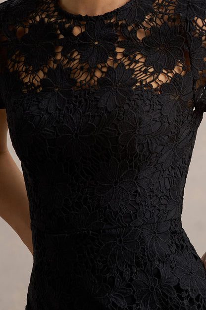 Clarissa | Black Lace Short-Sleeve Midi Dress