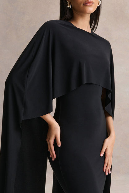 Kalani | Black Crew-Neck Midi Dress With Cape-Sleeves