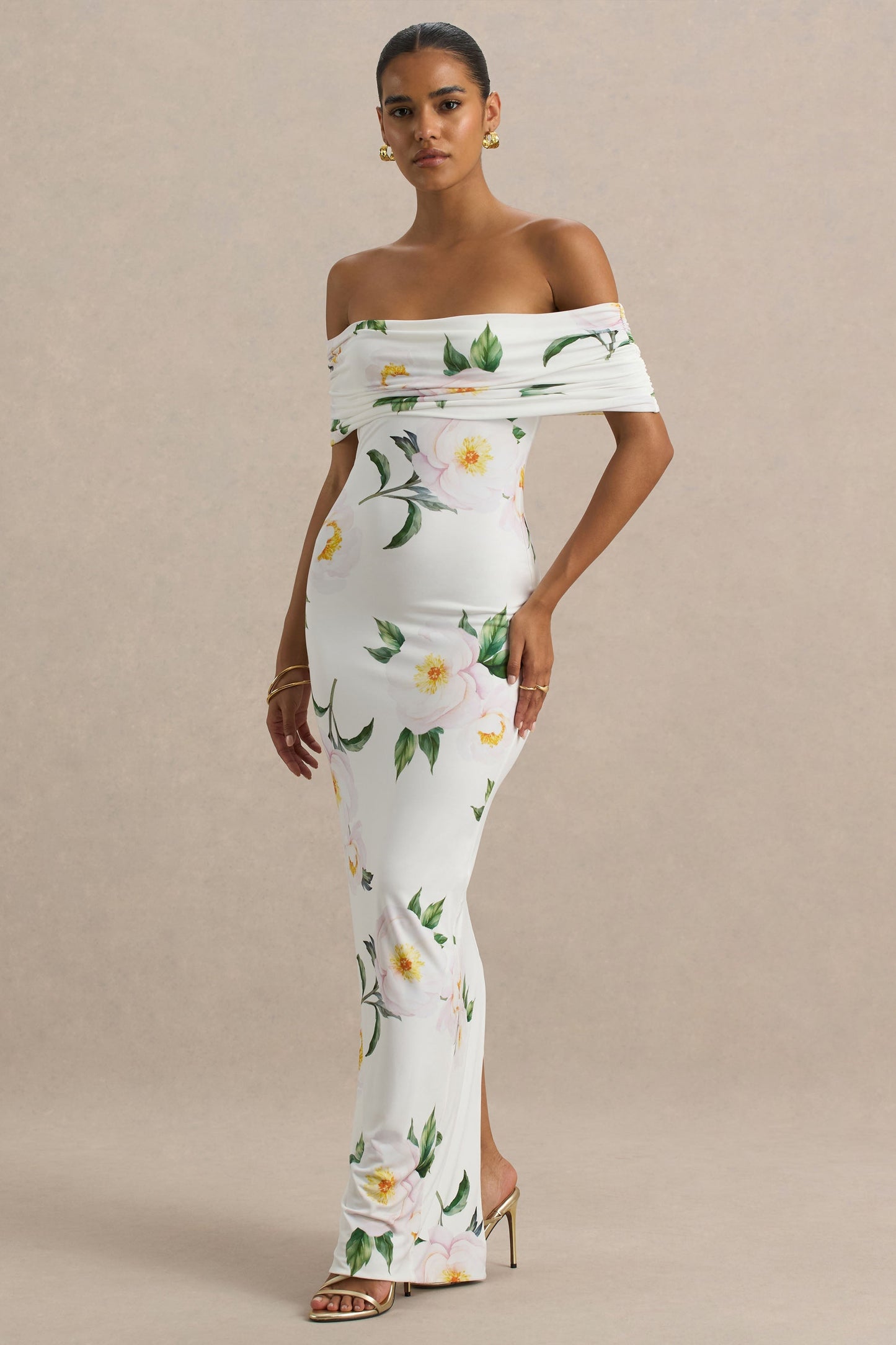 Capri | White Rose Print Bardot-Neck Maxi Dress With Ruched Detailing