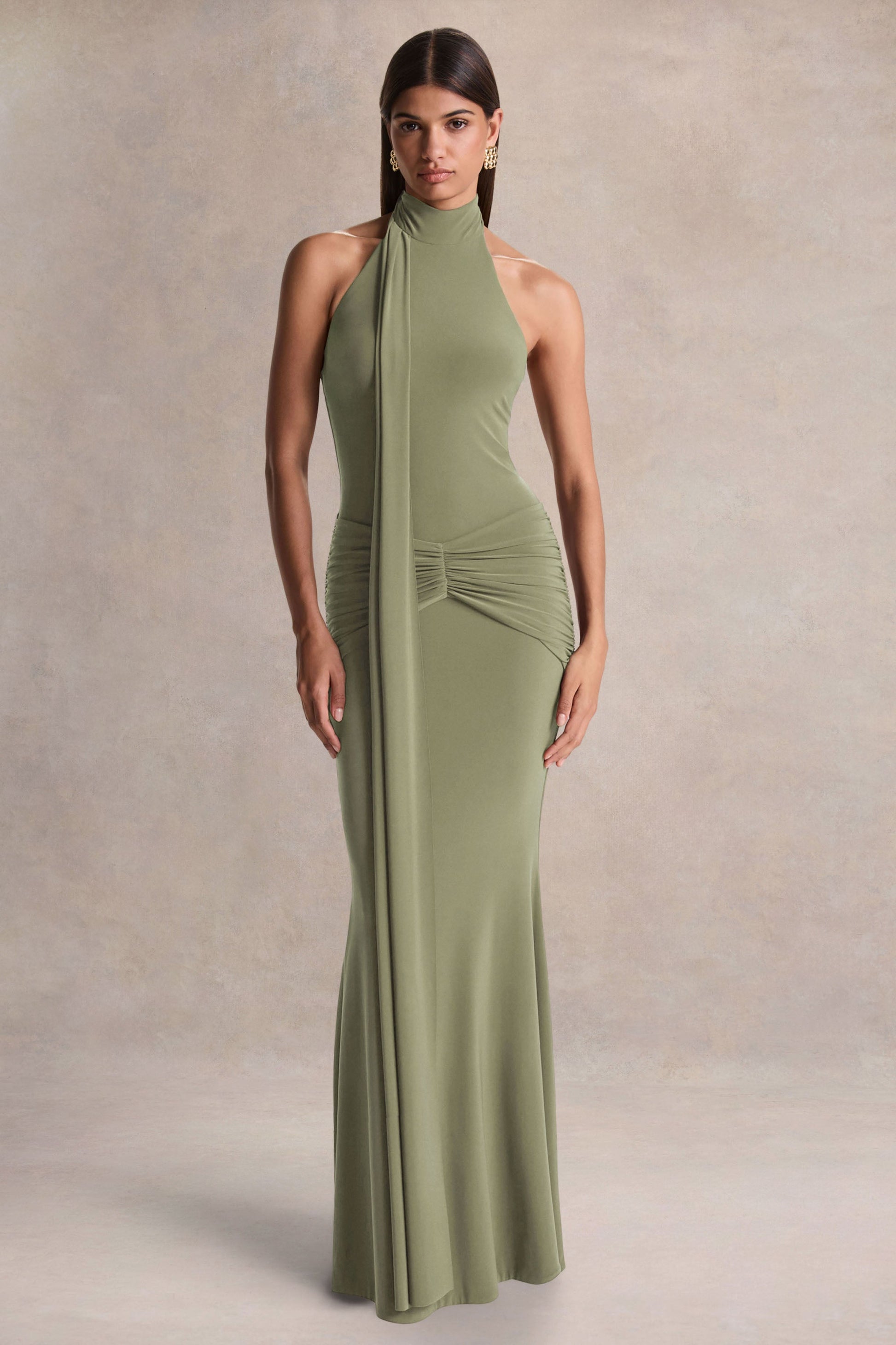 Hyla | Green High-Neck Maxi Dress With Sash-Detail