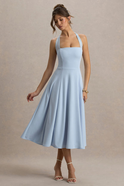 Auburn | Powder Blue Halter Skater Midi Dress