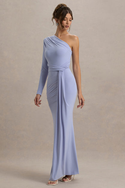 Sanya | Pale Blue Asymmetric One Sleeve Wrap Maxi Dress with Drape