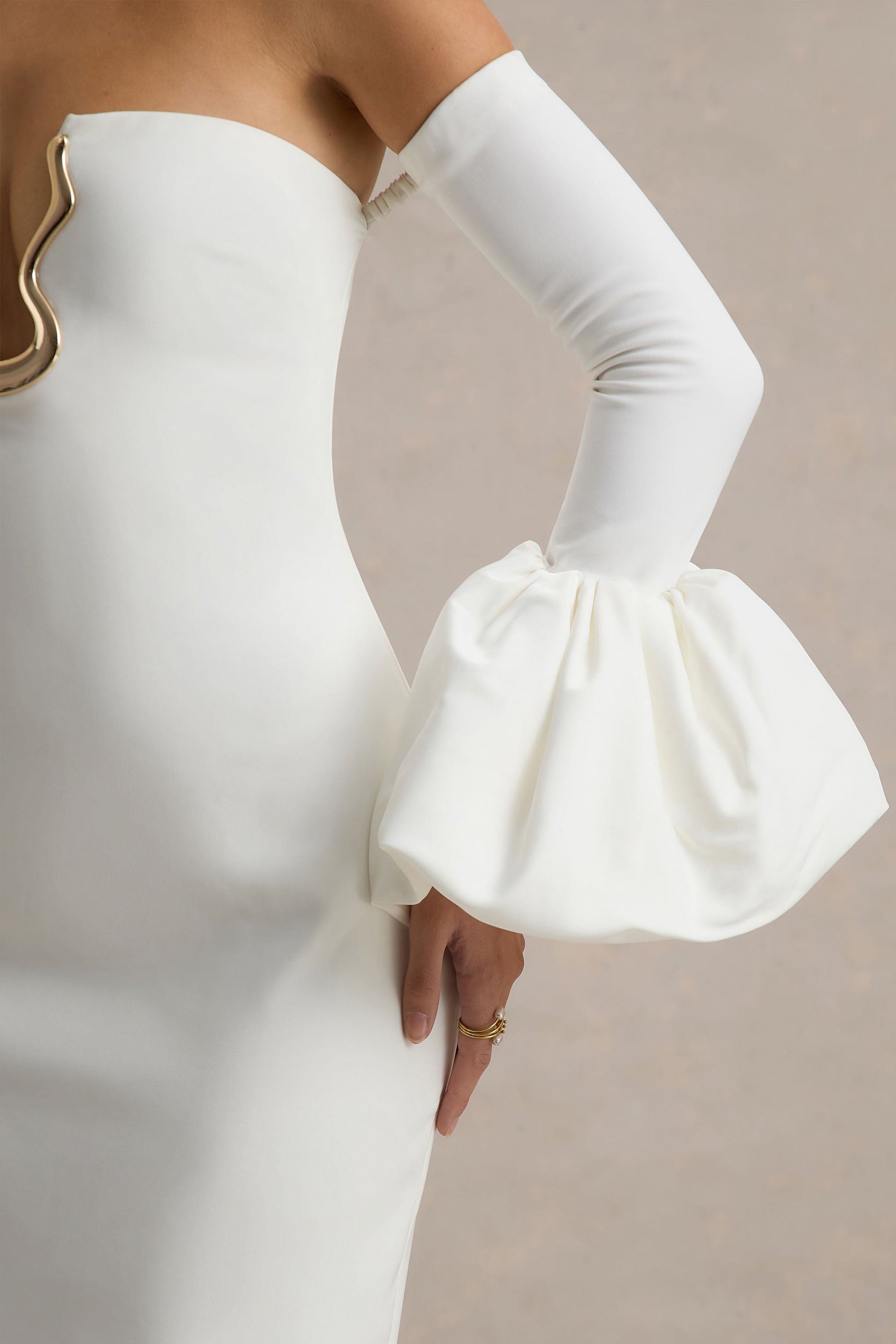 Annalisa | Cream Bandeau Maxi Dress With Satin Cuffs