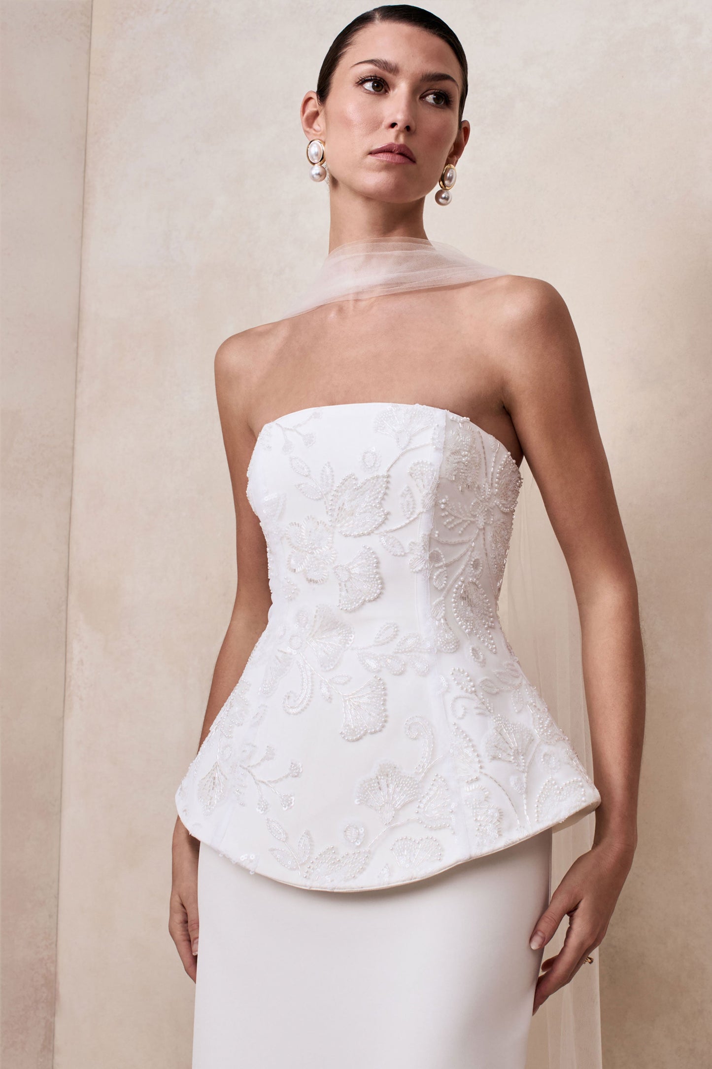 Naira | White Satin Bandeau Corset Maxi Dress With Sheer Scarf