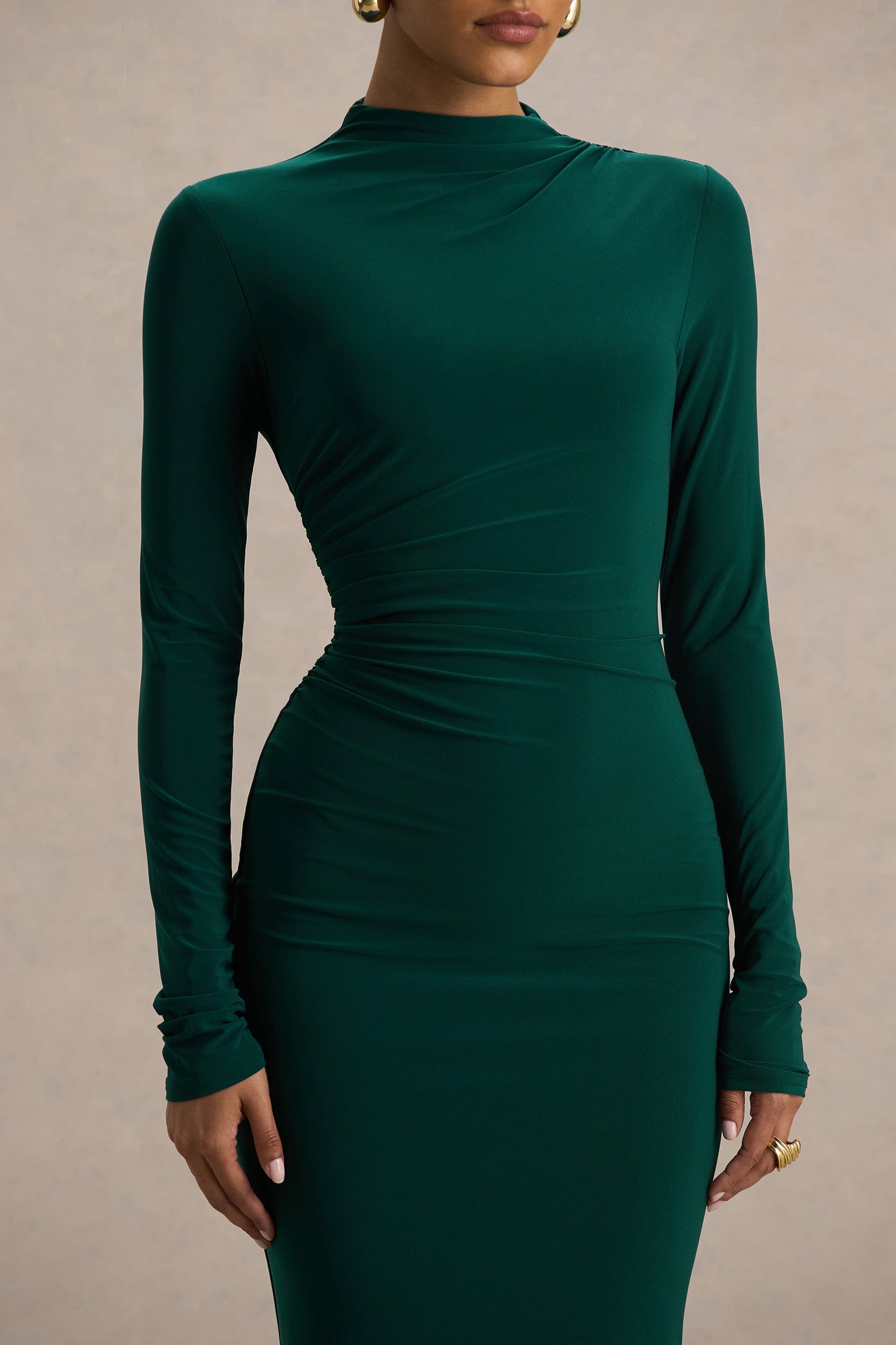 Eden | Bottle Green High-Neck Maxi Dress With Ruched Detailing