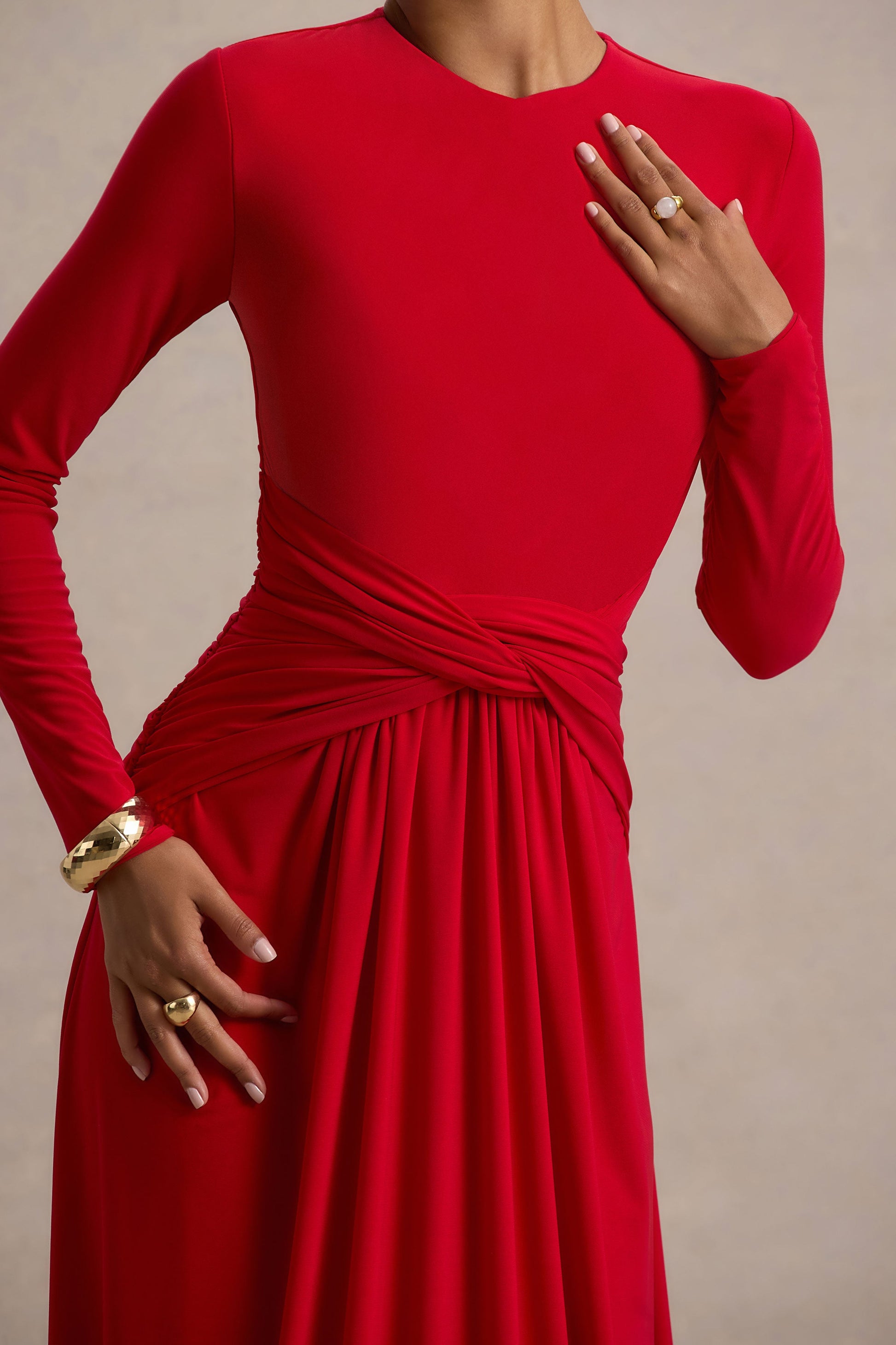 Estrella | Red High-Neck Maxi Dress With Ruched Detailing