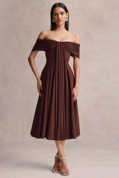 Dearest | Brown Bardot-Neck Midi Dress
