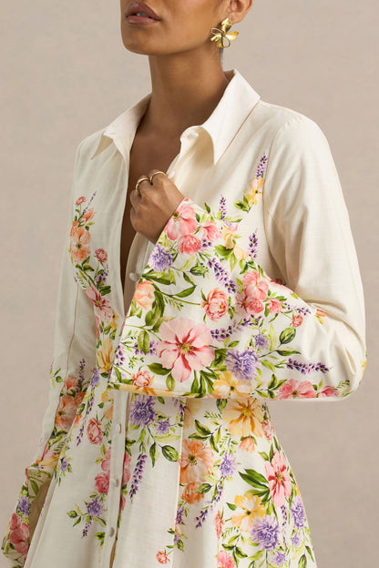 Alma | White Floral Border Print Shirt Mini Dress With Fluted Sleeves