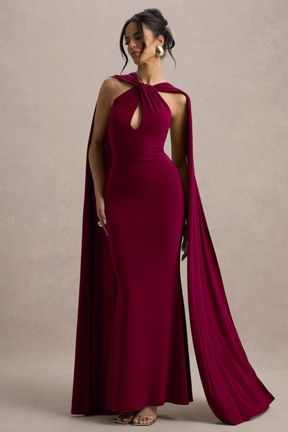 Rhoda | Burgundy Twist Halter-Neck Cape Maxi Dress