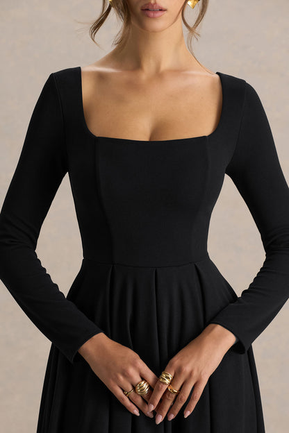 Alison | Black Square-Neck A- Midi Dress