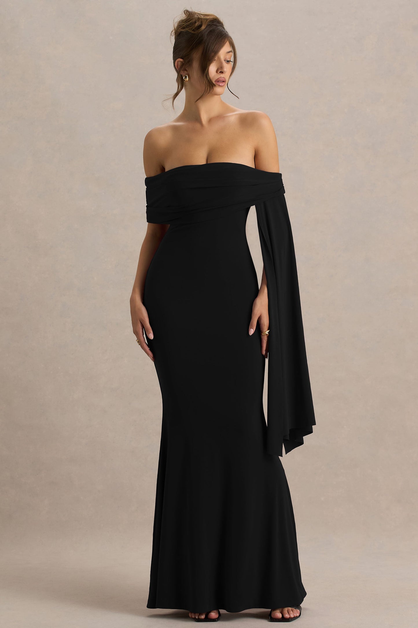 Saffina | Black Bardot-Neck Maxi Dress With Sash Detail