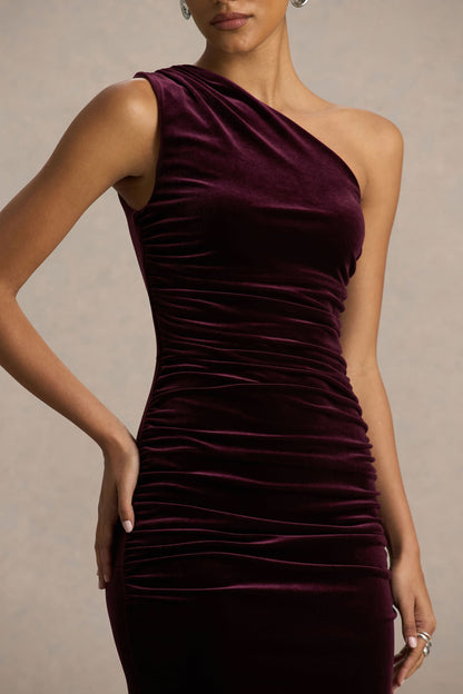 Treat | Burgundy Velvet Asymmetric-Neck Maxi Dress With Ruched Detailing