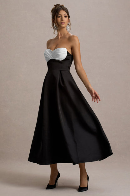 Wintour | Black Satin Sweetheart Midi Dress