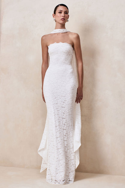 Massima | White Lace Bandeau Maxi Dress With Scarf-Detail