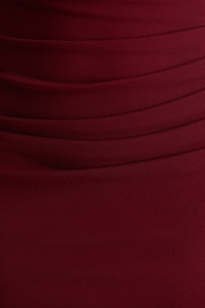 Leah | Burgundy Asymmetric-Neck Midi Dress With Cape-Sleeve