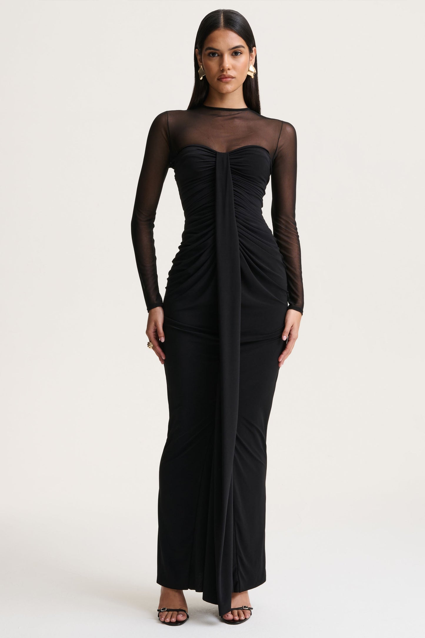 Cadenza | Black Crew-Neck Maxi Dress With Mesh And Gathered-Detailing