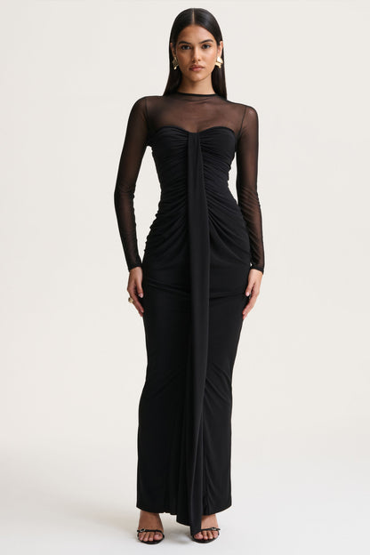 Cadenza | Black Crew-Neck Maxi Dress With Mesh And Gathered-Detailing