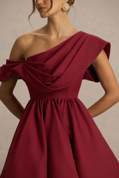 Verona | Burgundy Draped Asymmetric-Neck Skater Mini Dress