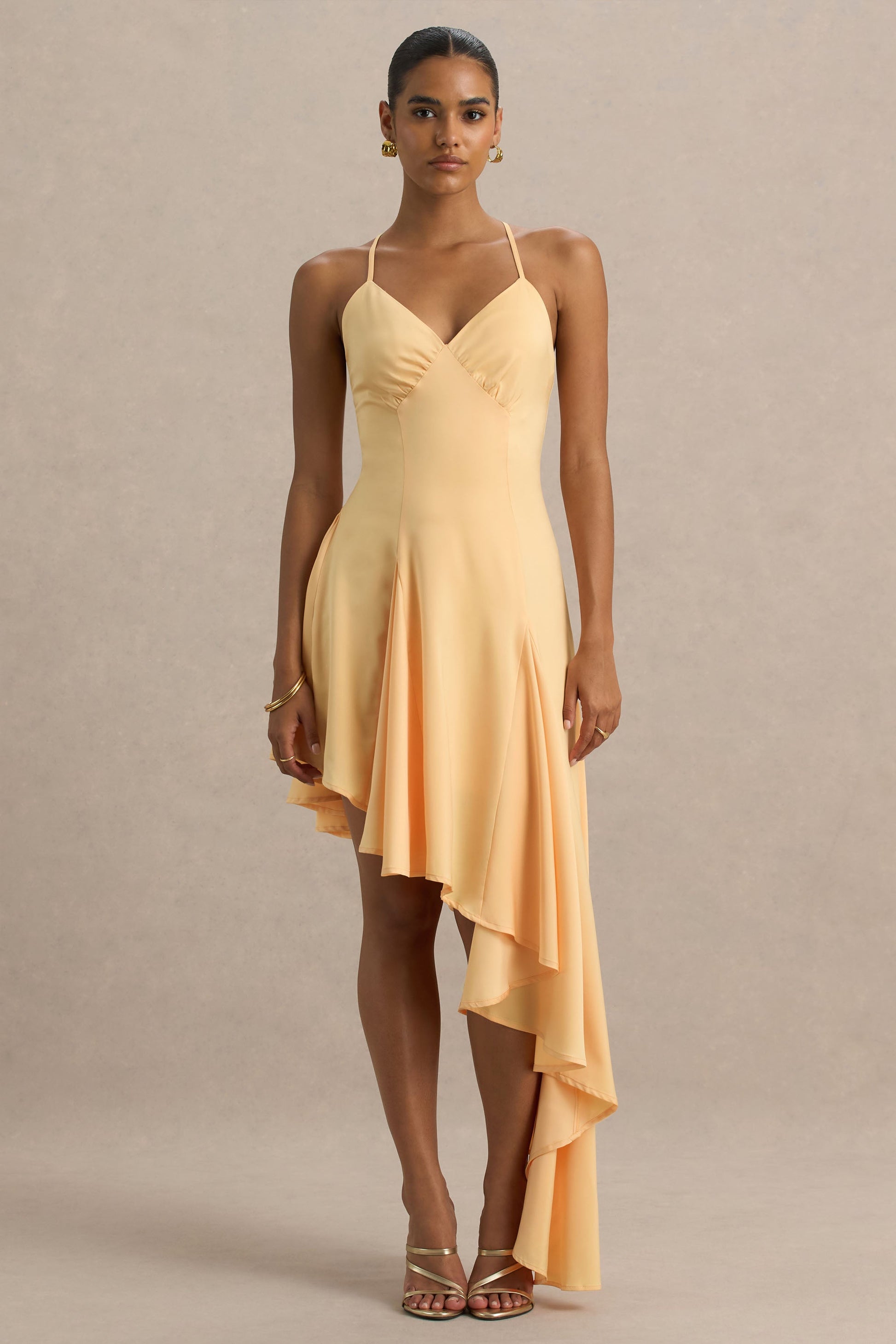 Glint | Peach Satin Plunge-Neck Maxi Dress With Asymmetric Hem