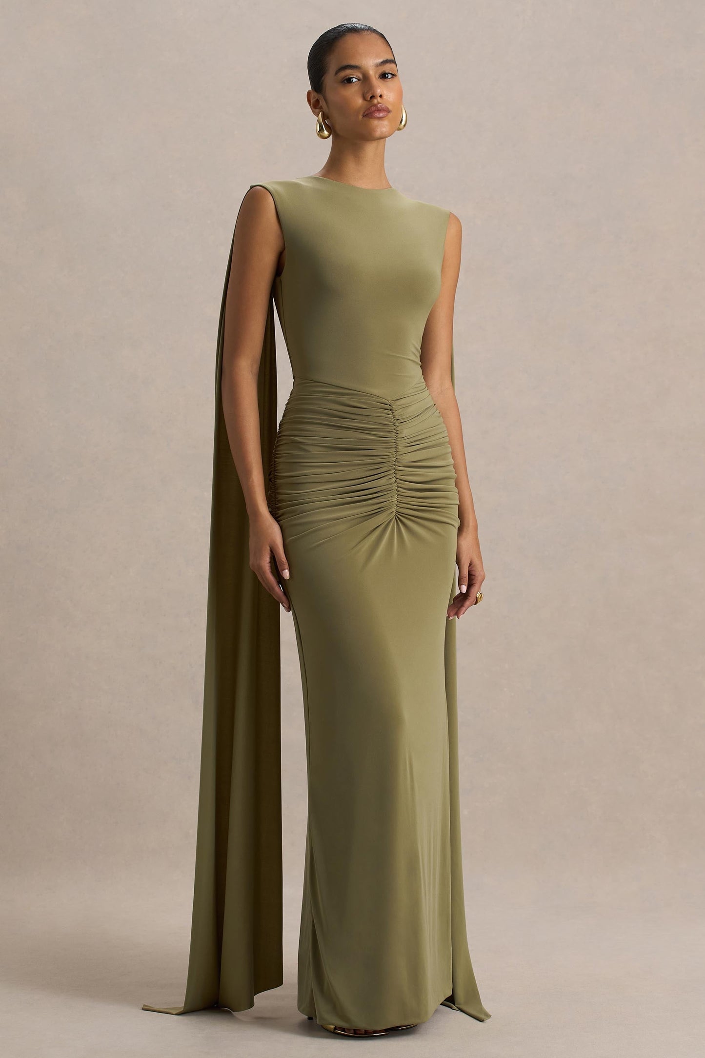 Premiere | Olive Boat-Neck Maxi Dress With Cape-Sleeves And Open-Back