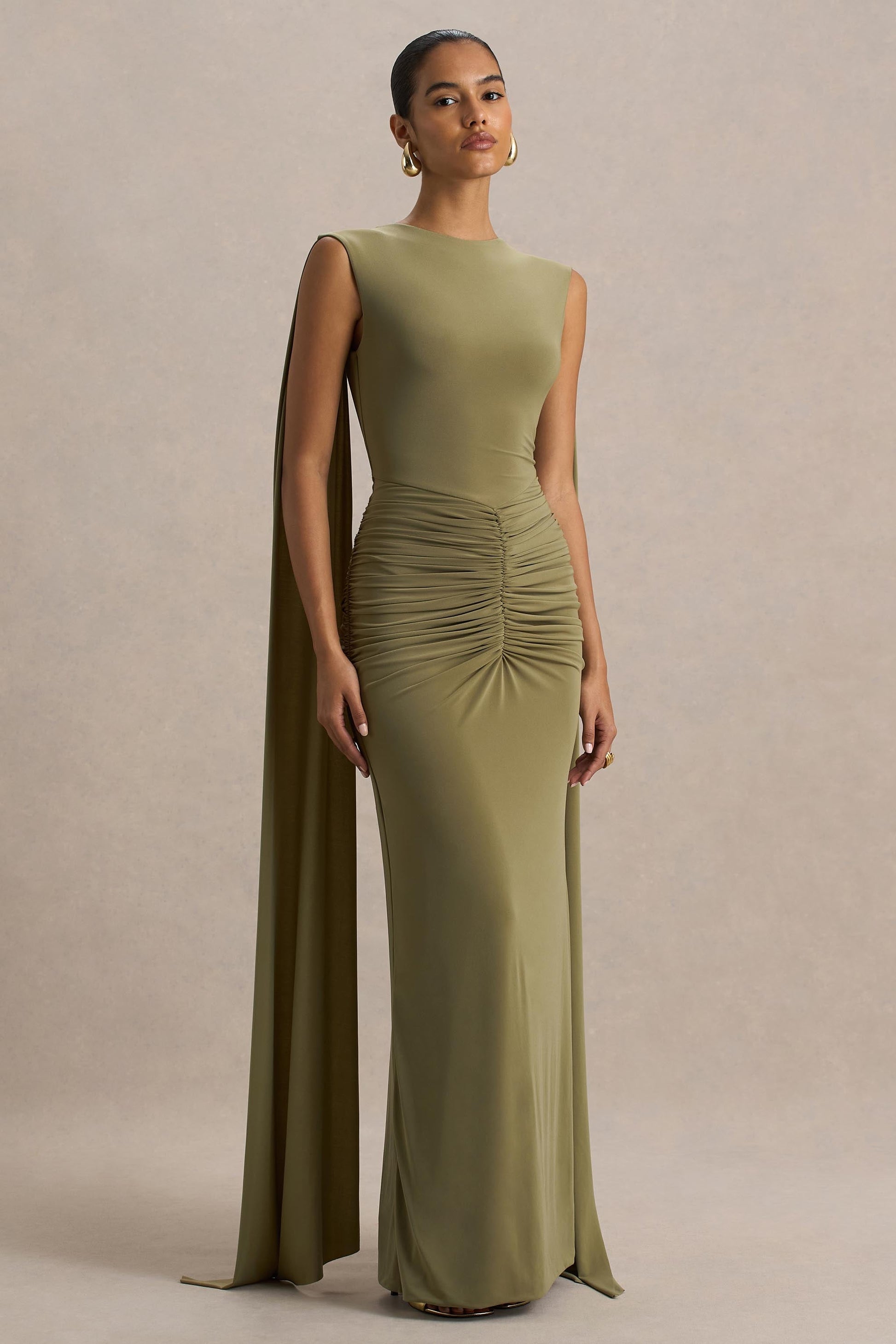 Premiere | Olive Boat-Neck Maxi Dress With Cape-Sleeves And Open-Back