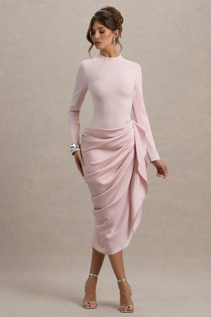 Raffie | Pink Long-Sleeve Midi Dress With Satin Wrap Skirt