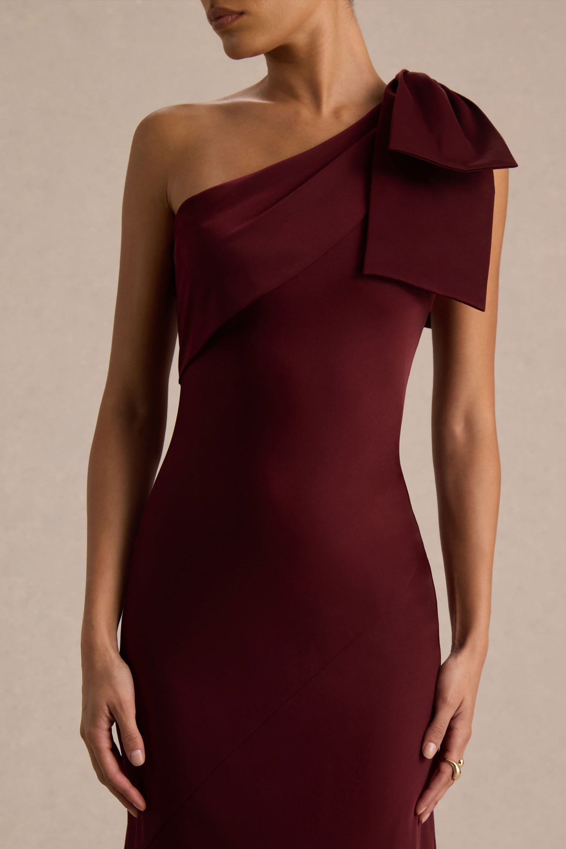 Josephine | Burgundy Matte Satin Asymmetric-Neck Maxi Dress With Bow Detail