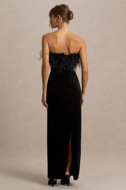 Arella | Black Velvet Bandeau Maxi Dress With Feather Trim