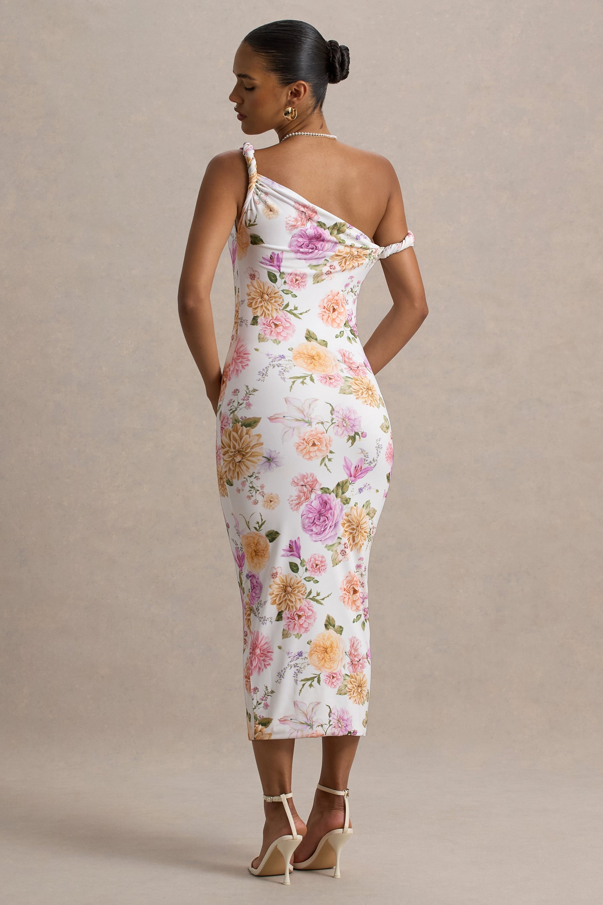 Nora | Peach And Lilac Floral Twisted Asymmetric Midi Dress