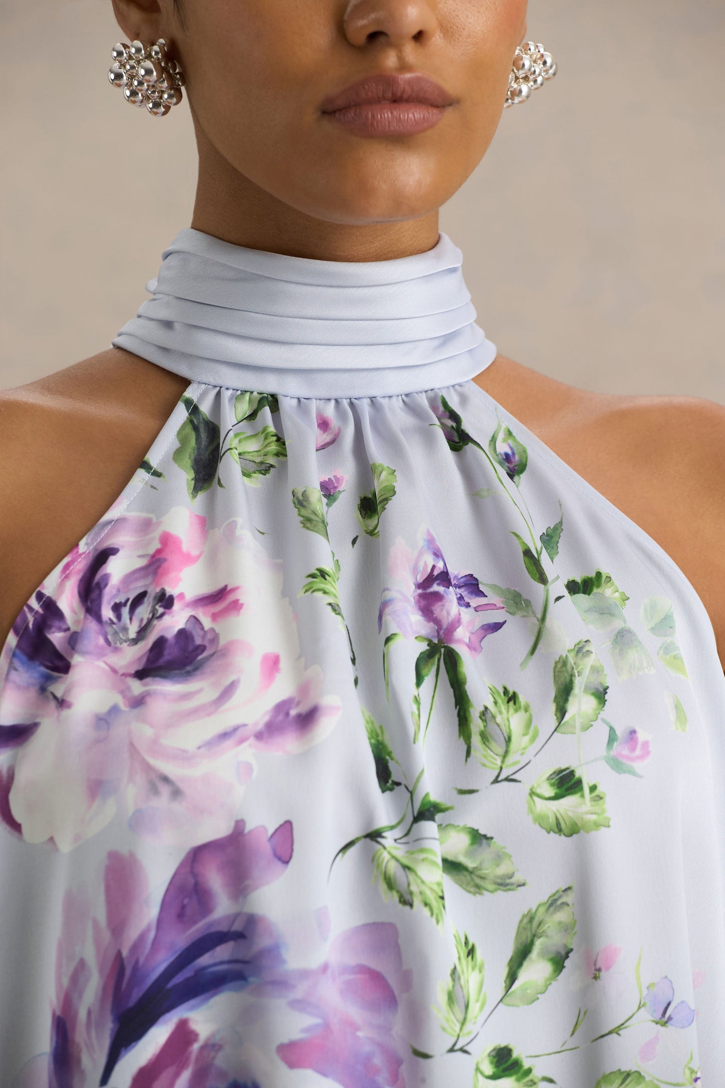 Evita | Powder Blue Rose Print High-Neck A- Mini Dress With Bow