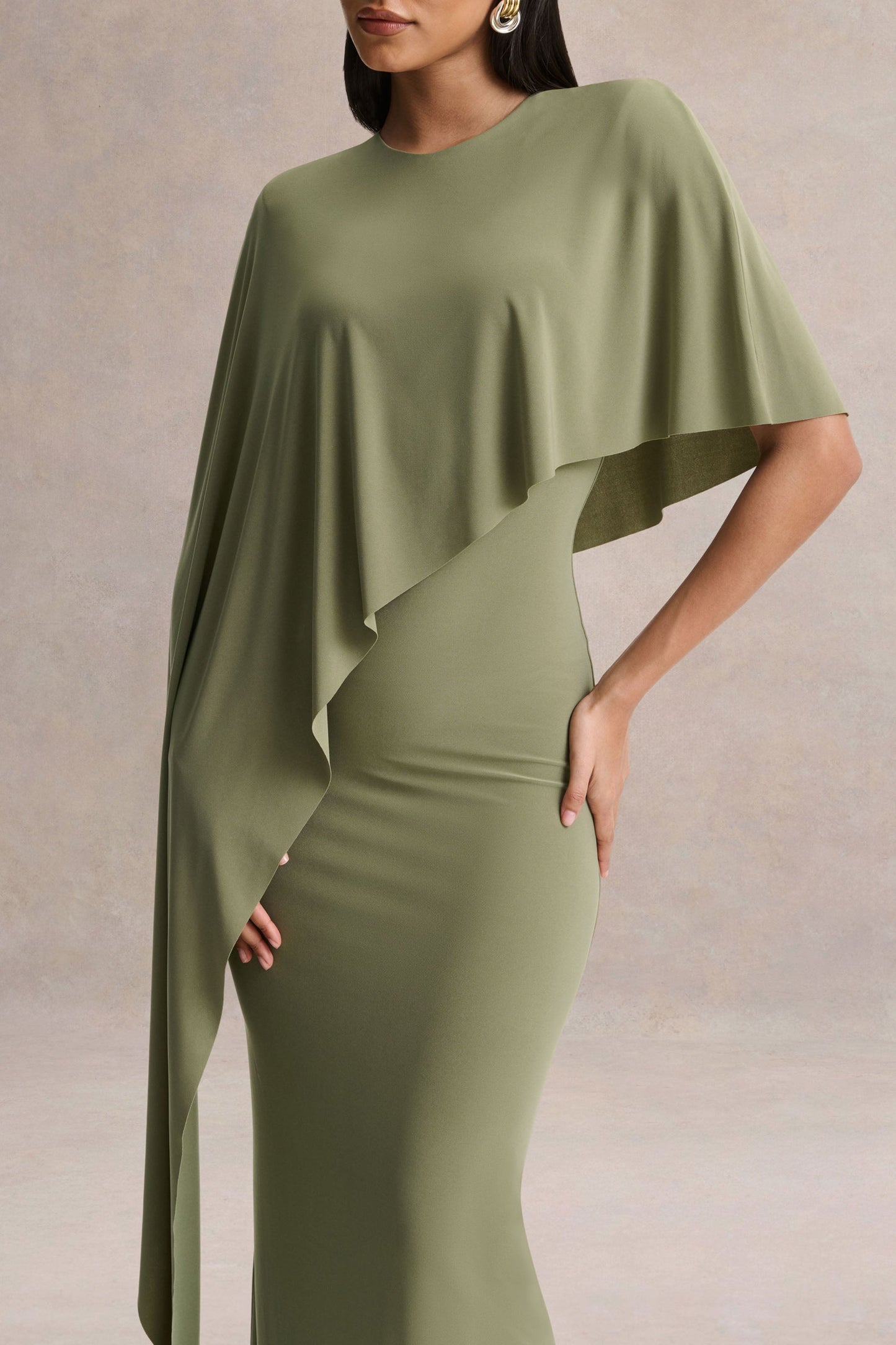 Ravena | Olive Crew-Neck Maxi Dress With Asymmetric-Cape Sleeve